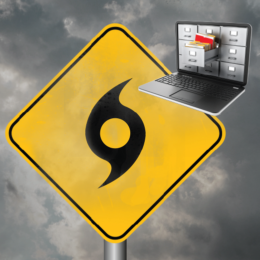 Disaster Preparedness Webinar Icon - A hurricane symbol on a street sign against a cloudy background, joined by an icon of a laptop containing file drawers to signify records management.